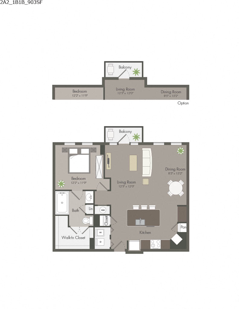 Floor plan for 1 bed, 1 bath, 903 sqft